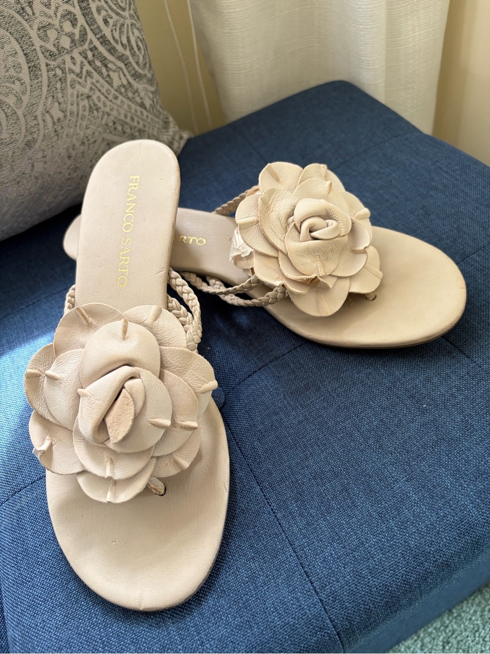 Franco Sarto Taupe leather Floral Thong Sandals